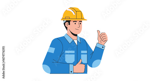 Cartoon Construction Worker with Yellow Hard Hat Giving Thumbs Up Gesture