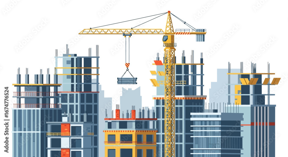 Naklejka premium Construction Site with Crane and Buildings Under Construction, Vector Illustration