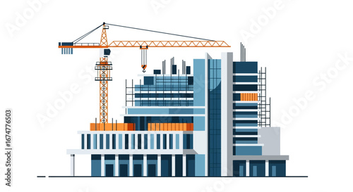 Modern Building Under Construction with Tower Crane