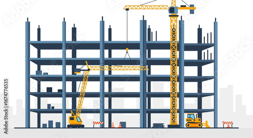 Steel Frame High-Rise Building Under Construction with Cranes and Equipment