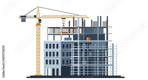 Modern High-Rise Building Under Construction with Tower Crane