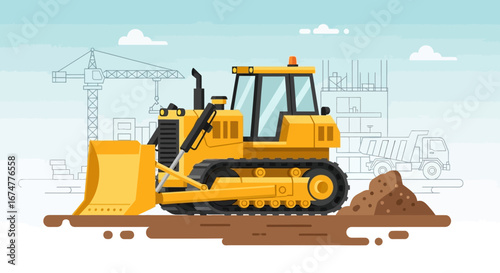 Cartoon Yellow Bulldozer with Black Tracks and Orange Light, Moving Dirt