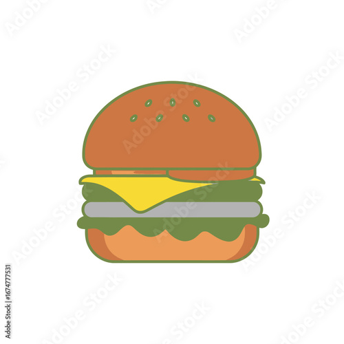 Illustration of a burger with lettuce, tomato, cheese and sesame seeds on a bun.