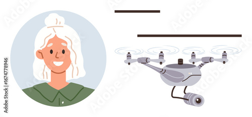 Smiling woman s portrait beside a surveillance Quadcopter with camera in flight, emitting propeller motion. Ideal for technology, security, innovation, privacy, AI, modern lifestyle automation. Clean