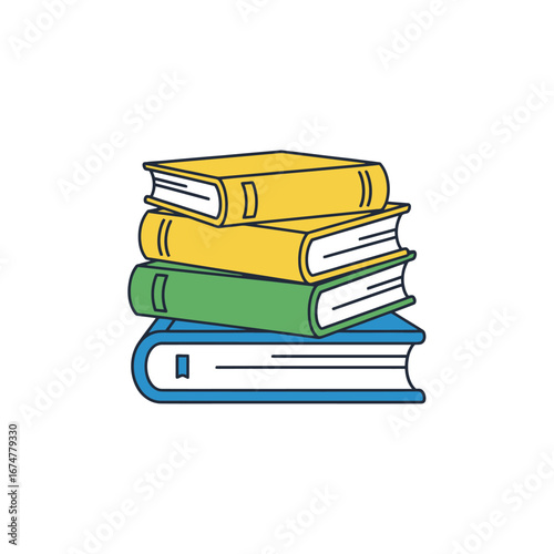 A stack of four colorful books, with yellow, green, and blue covers, presented on a white background.