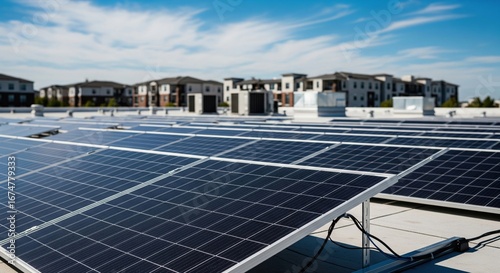 Close-up of angled solar panels on flat rooftop with apartment buildings and partly cloudy sky in background, Washington, USA