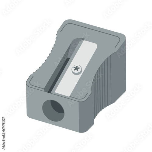 Gray pencil sharpener with blade and screw on white background, graphic resource.
