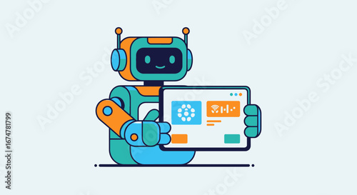 Friendly robot presents data interface on a tablet promoting AI and technology solutions
