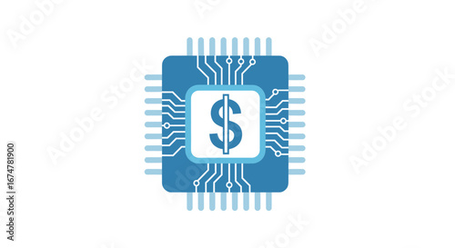 Illustration of digital finance technology with dollar sign on microchip design