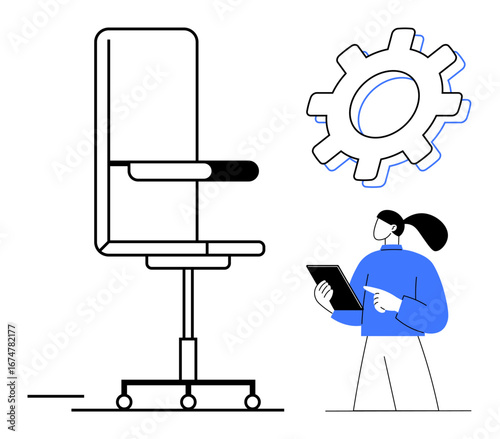 Office chair, gear icon, woman in blue with a tablet. Ideal for workplace setup, office productivity, technology, innovation, business strategy, career growth simple landing page