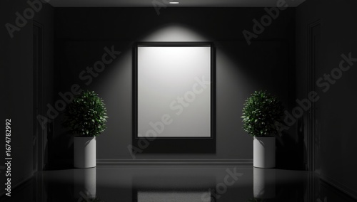 A dimly lit modern hallway with a blank vertical screen illuminated by a spotlight and two potted plants on either side creating a minimalist and sophisticated atmosphere