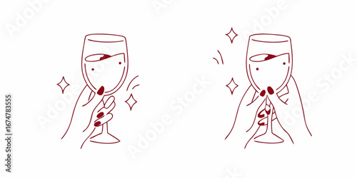 Minimalist Line Art Hands Holding Wine Glasses – Elegant Vector Illustration, Vector simple minimal linear style illustration with cartoon hands holding wine glasses, celebration and party vibe