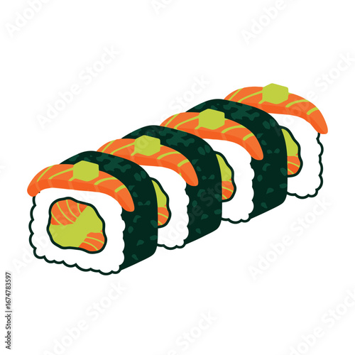 A row of five salmon and avocado maki sushi rolls with wasabi on top, depicted in a simple vector illustration.