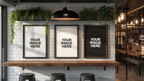 Three vertical framed posters with placeholder text displayed on a white subway tiled wall above a wooden shelf with bar stools in a modern cafe or restaurant setting