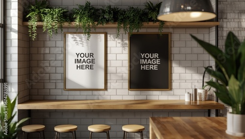 Modern cafe interior with two blank poster frames on a brick wall above a wooden counter with stools and lush green plants creating a cozy and inviting atmosphere