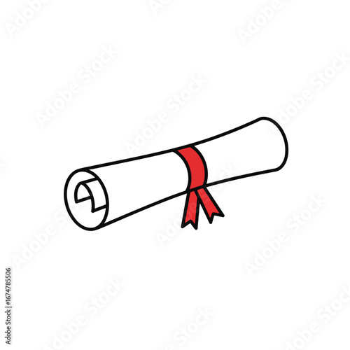 A simple cartoon illustration of a rolled-up diploma or scroll tied with a red ribbon.