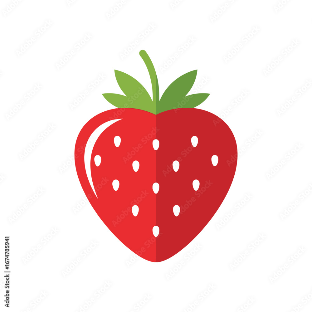 Obraz premium A vibrant red strawberry icon with green leaves and white seeds, depicted in a flat, minimalist style on a white background.