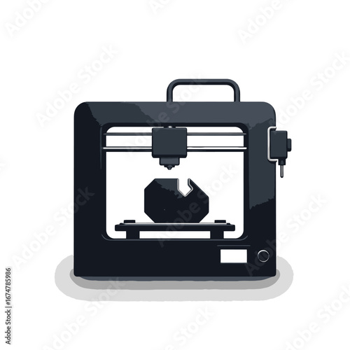 A 3D printer is shown creating a geometric object on its platform.