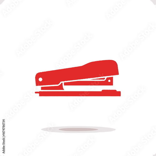 A simple, flat vector icon of a red office stapler shown in a side view on a white background.