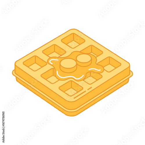 Isometric waffle with syrup, a sweet breakfast or dessert treat, isolated on white.