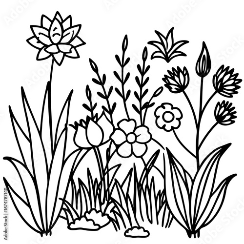 Minimalist Wild Garden Botanical Outline Vector Drawing Isolated on White
