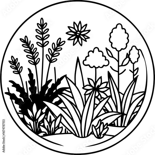 Minimalist Wild Garden Botanical Outline Vector Drawing Isolated on White