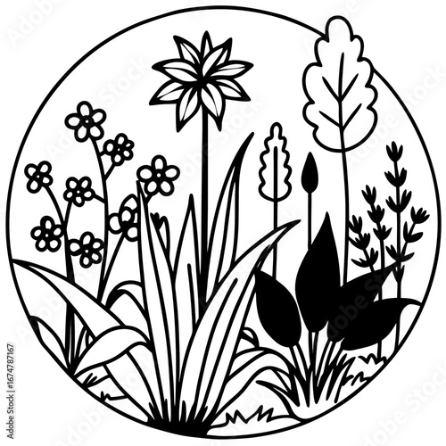 Minimalist Wild Garden Botanical Outline Vector Drawing Isolated on White