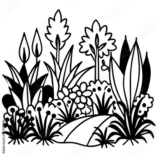 Minimalist Wild Garden Botanical Outline Vector Drawing Isolated on White