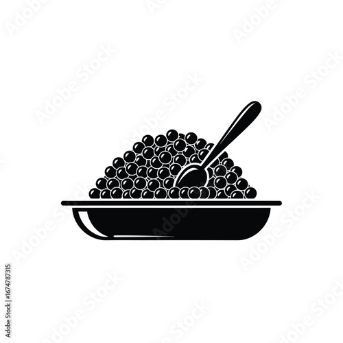 A simple black and white icon depicting a bowl full of luxurious caviar with a small serving spoon.