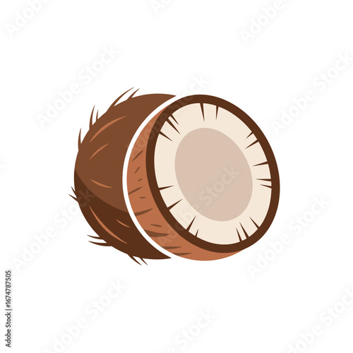 Close-up image of a halved coconut, showcasing the brown husk and the white flesh inside.