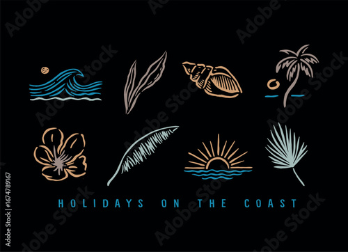 Colorful, stylized illustration of coastal elements. Art alluding to a weekend at the beach.