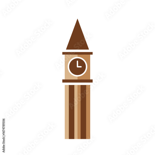A stylized illustration of the iconic Big Ben clock tower in London, rendered in warm brown and beige tones.