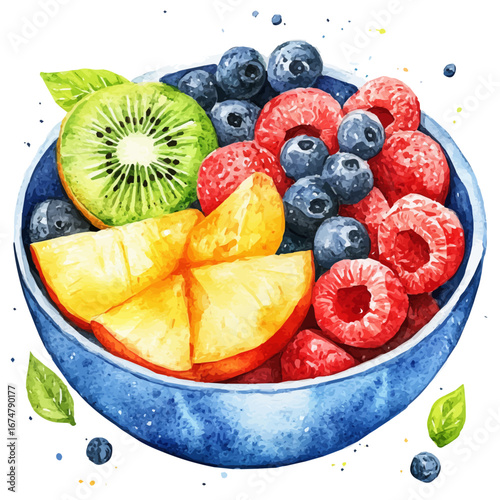 Summer Fruits Bowl, watercolor clipart vector, isolated on a white background.