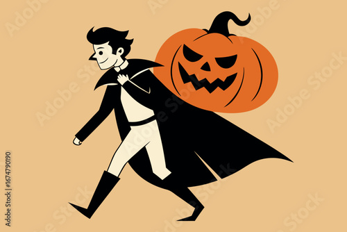 Whimsical Halloween Illustration of a Vampire Carrying a Spooky Pumpkin on His Back in a Retro Style
