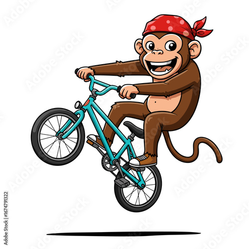 A playful cartoon monkey performs a wheelie on a blue bicycle, smiling wide with a red polka-dot bandana, radiating excitement and fun against a plain white background.
