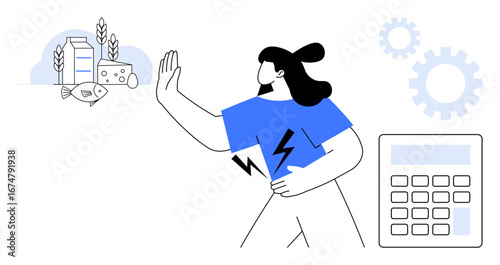 Woman gesturing to avoid unhealthy products including fish, milk, and cheese near wheat symbols. Calculator and gears suggest choices, health, fitness, planning, balance energy awareness. Ideal