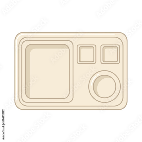 A top-down view of a beige compartmentalized food tray with a large rectangular section and two smaller square sections, plus a circular depression.