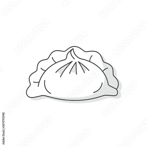 Line art illustration of a single traditional Asian dumpling with pleated edges and a rounded shape, typically served as a snack or meal.