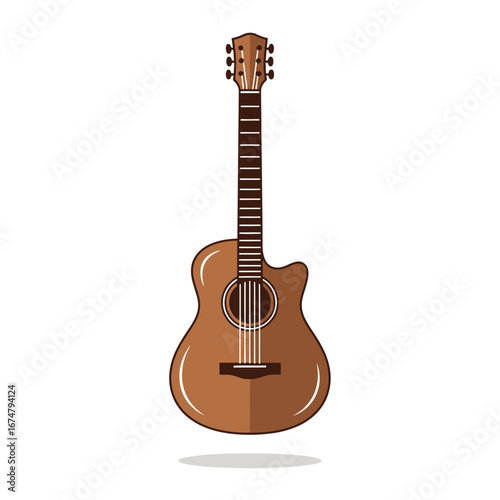 A detailed illustration of a brown acoustic guitar, showcasing its design and components.