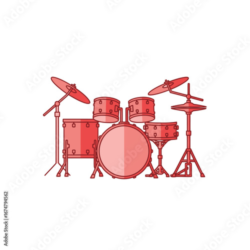 Red line art illustration of a complete drum kit with cymbals on a clean white background.