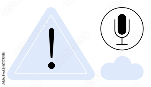 Warning triangle with exclamation mark, microphone icon, and small cloud symbol for communication, caution, voice recognition, alert systems, user notification, security, data management simple