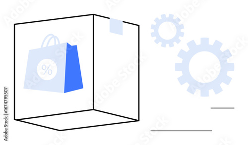 Package box with discount shopping bag and gears representing e-commerce, logistics, shipping, retail, automation, system optimization, and technology. Ideal for business workflow, online shopping