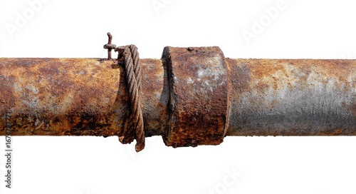 Heavily rusted metal pipe section with a corroded coupling secured by wire.  Shows significant surface degradation and age