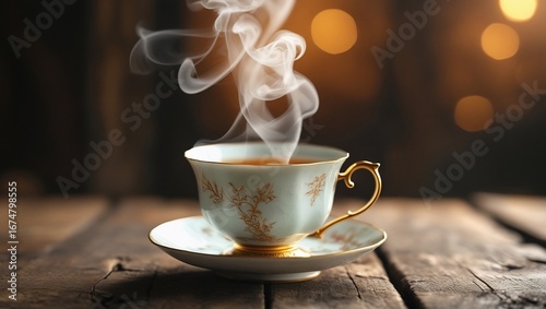 Steaming Teacup on Wooden Table.