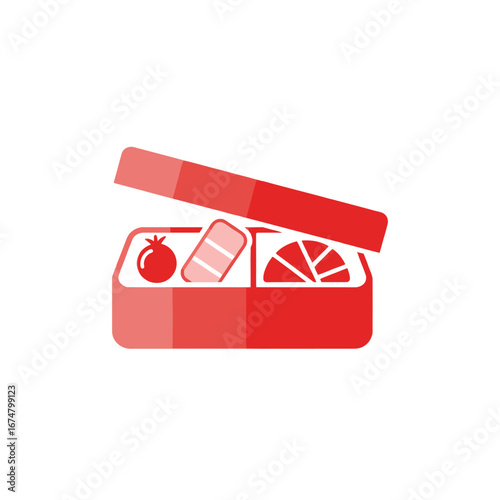 Red lunchbox with fruits and snacks inside.