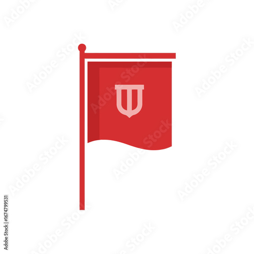 A red flag with a light-colored shield emblem hanging from a flagpole, depicted in a flat vector style.