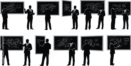 Black silhouette teachers presenting on blackboard, classroom education, mathematics, science, lecture, training, learning, academic, chalkboard, teaching, knowledge