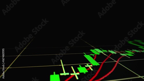 Closeup macro shot movement of stock graph displayed on LED screen showing growth chart as economic boom or bull market point concept. Positive stock market exchange suitable for financial investment.