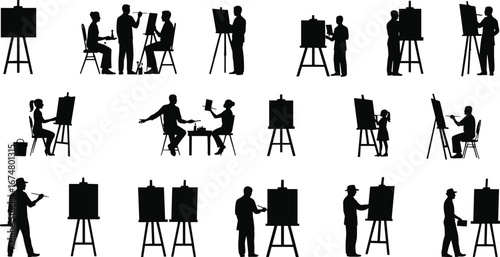 Silhouette, artist, painting, drawing, easel, art, class, creative, education, teacher, student, children, learning, workshop, palette, brush, illustration, design, creativity, studio