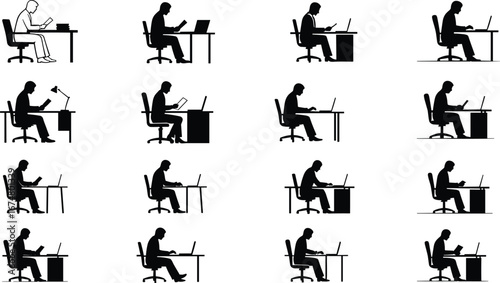 silhouette, office, desk, worker, posture, study, workspace, laptop, reading, writing, lamp, books, sitting, business, education, technology, work, table, chair, illustration